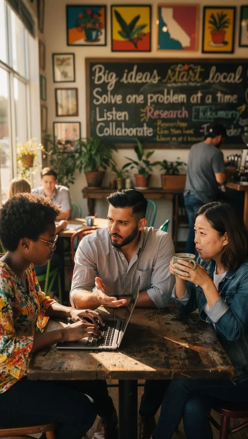 Portrait of a professional consultant explaining problem-solving strategies to a small group in an office setting.