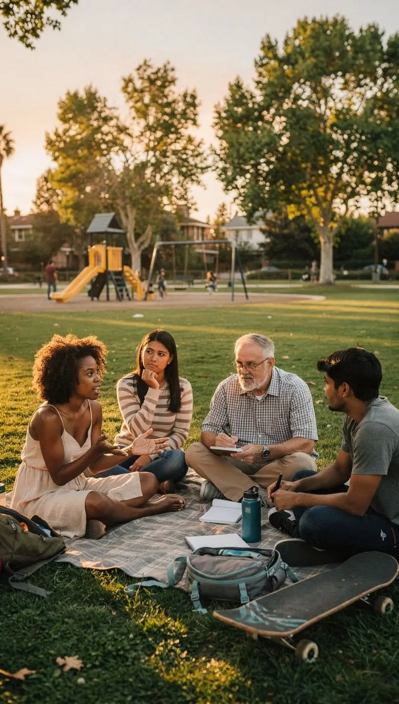 Close-up of hands writing notes on a notepad during a community meeting discussing local issues.