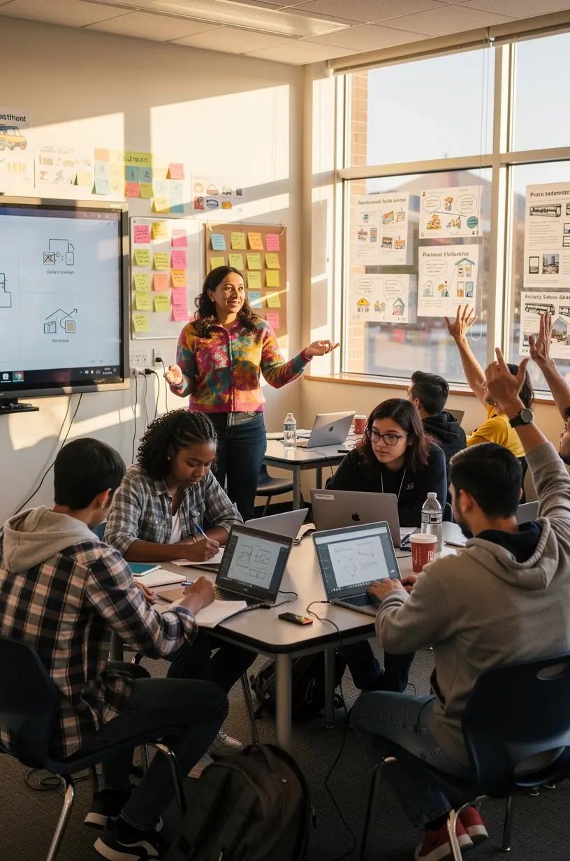 A diverse group of people collaborating around a table with laptops and documents in a community center.