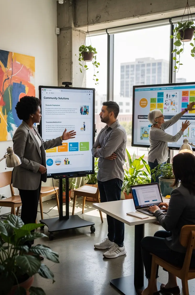 Infographic showing step-by-step actionable solutions for urban environmental challenges in a local area.